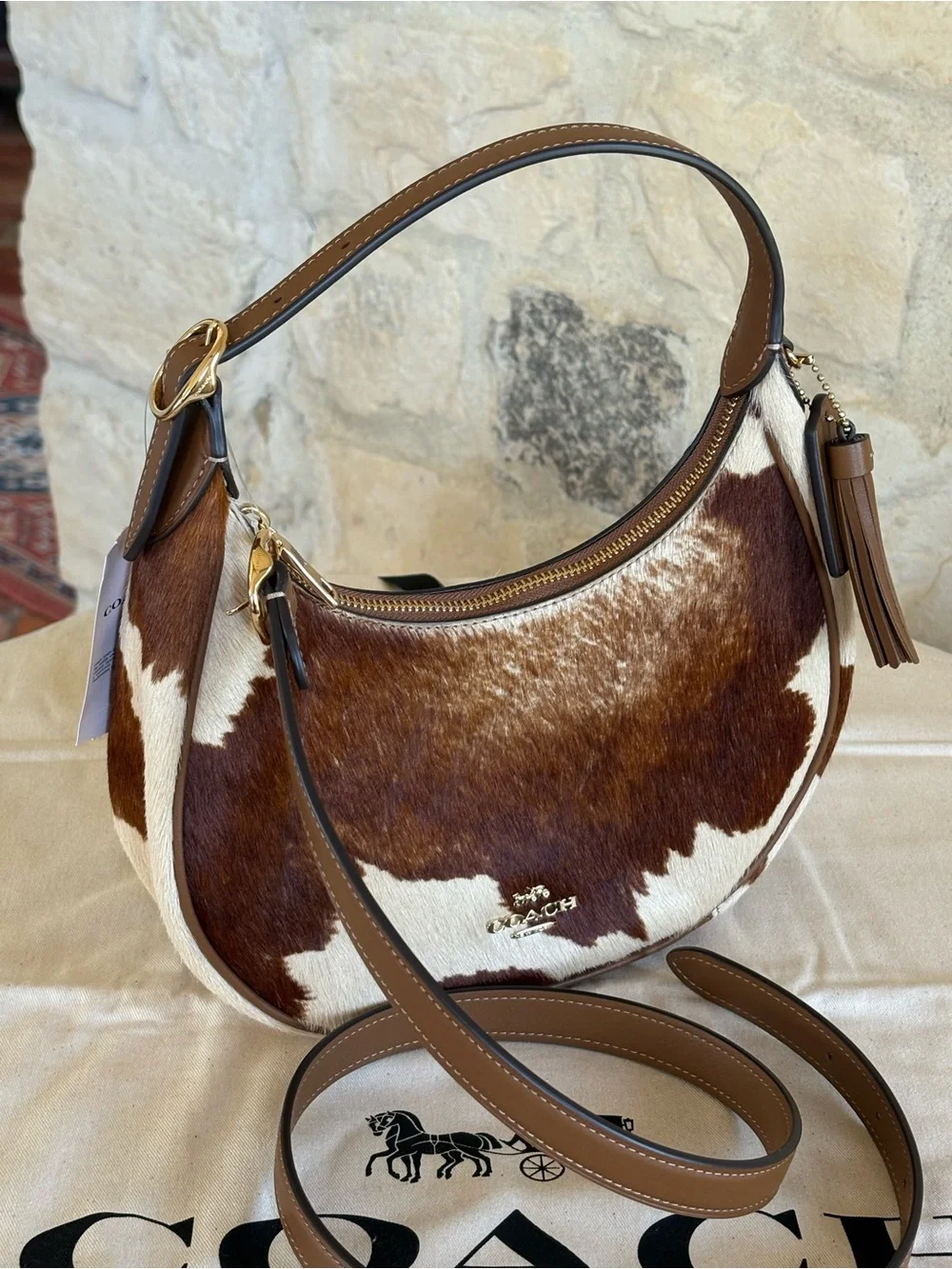 Coach Cowhide Calf Hair Shoulder Bag Brown White Leather Crossbody Purse Western